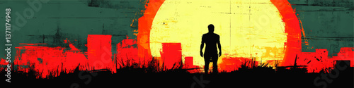 Grunge Vector Illustration of Solitary Man Silhouette Walking Toward Dramatic Bright Sunset Cityscape with Abstract Texture in Vivid Red Yellow Teal Background Colors