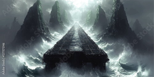 Dramatic Atmospheric Fantasy Vector Illustration Featuring Stormy Sea Waves Crashing Against Mysterious Bridge Pathway Surrounded by Epic Mist Enshrouded Rocky Mountains