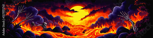 Dark Illustration of Fiery Hellscape with Skeletons Emerging from Lava River Under Eerie Moon Surrounded by Clouds and Flames for Spooky Gothic Horror Art Enthusiasts