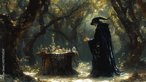 Mystical Wizard Performing Magic Spell in Enchanted Forest Illuminated by Golden Sunlight with Alchemy Potions and Elixirs on Rustic Wooden Table Illustration