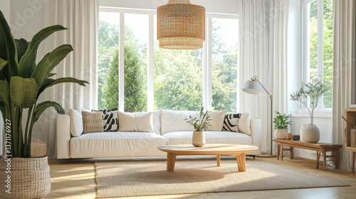 Open space interior with modular sofa, wooden coffee table, big window, beige rug, round pillow, stylish table, lamp, plants, vase with leaves and personal accessories. Home decor. Template.