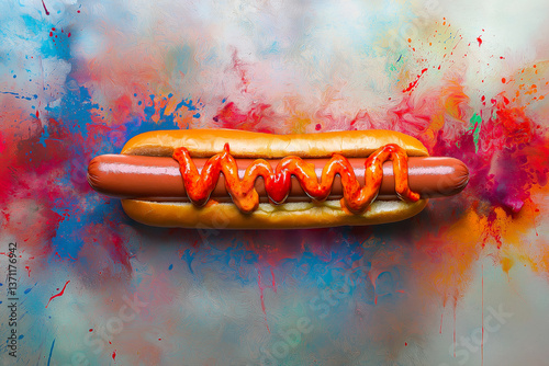 Artistic Hotdog with Ketchup on colorful painting background