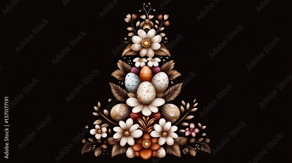 Easter eggs are artistically arranged with flowers and decorative leaves on a black background.