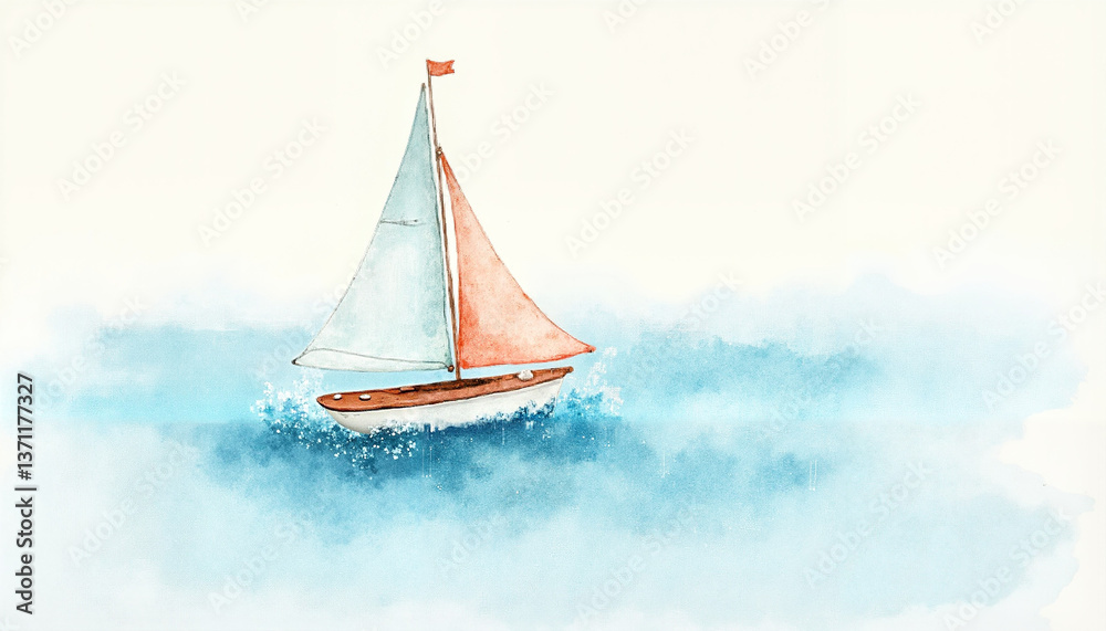Fototapeta premium Cute watercolor illustration of a tiny sailboat with a pastel-colored sail floating on gentle waves, simple and airy for a serene seaside greeting card