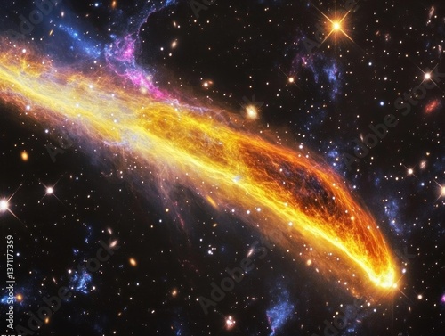 hypervelocity star escaping a galaxy, showing the lash of vibrant colored energy trailing behind the star against the star field