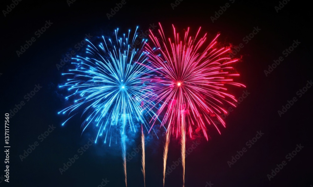Red and blue fireworks burst in the night sky, illuminating the darkness with vibrant sparks. Red and blue fireworks burst in the night sky, illuminating the darkness with vibrant sparks.
