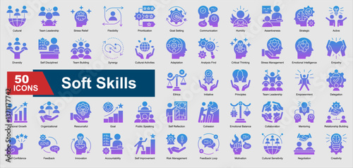 A collection set of gradient glyph Soft Skills icons. Includes communication, teamwork, leadership, adaptability, emotional intelligence, and more. Perfect for illustration and design.