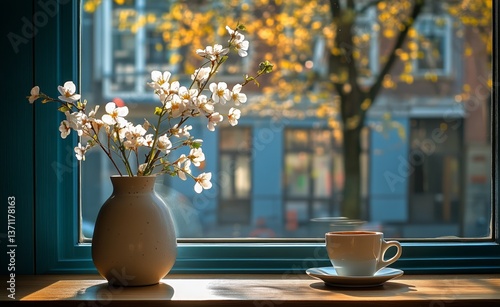 Fresh Blooms and Warm Coffee Create a Serene Moment by the Window During a Su...