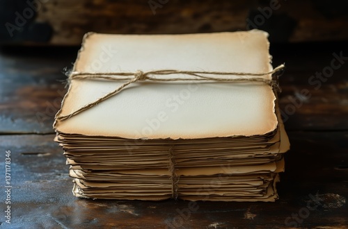 Stack of Vintage Blank Papers Tied With Twine Resting on a Wooden Surface