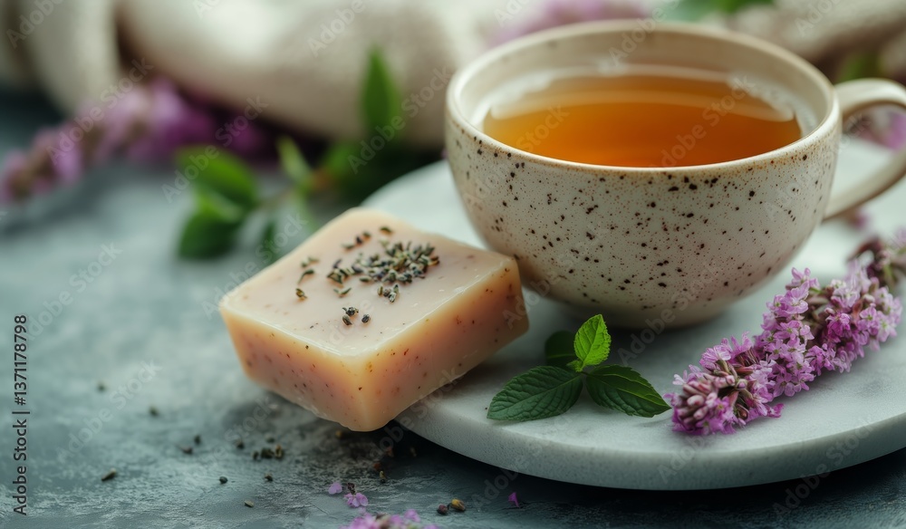 Relaxing Afternoon With Herbal Tea and Lavender Soap on a Marble Surface Relaxing Afternoon With Herbal Tea and Lavender Soap on a Marble Surface