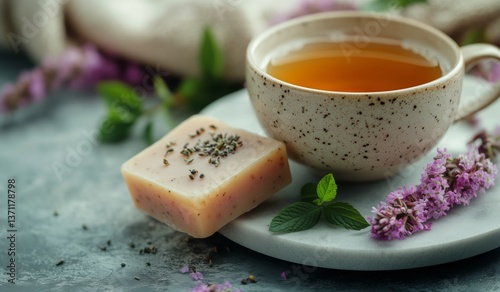 Relaxing Afternoon With Herbal Tea and Lavender Soap on a Marble Surface