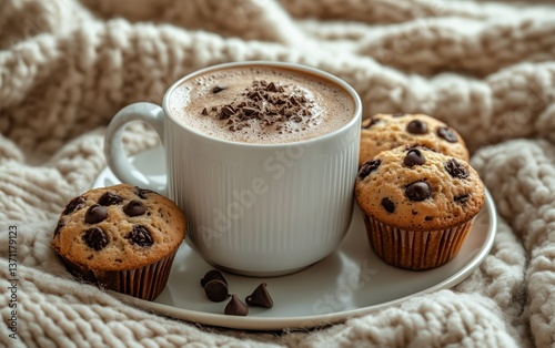 Delightful Chocolate Chip Muffins Served With a Warm Cup of Hot Cocoa on a Co...