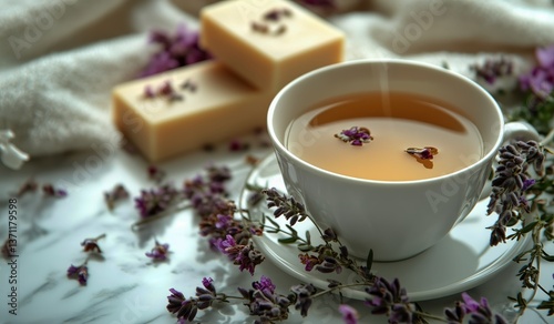 Relaxing Afternoon With Herbal Tea and Lavender Soap on a Marble Surface