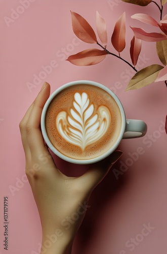 Beautiful Latte Art in a Cup Held Above a Pink Background With Decorative Leaves