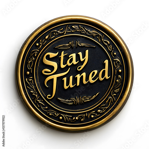 Stay Tuned black wax seal with golden ornamental frame, luxury vintage stamp, elegant and detailed emblem, isolated on white background