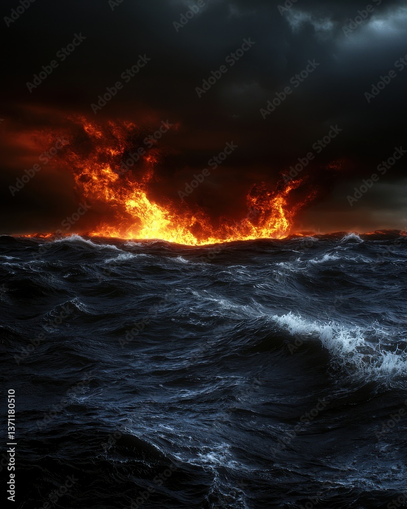 Fototapeta premium Fiery Inferno over Stormy Ocean: Dramatic Sea and Burning Sky, Apocalypse Concept