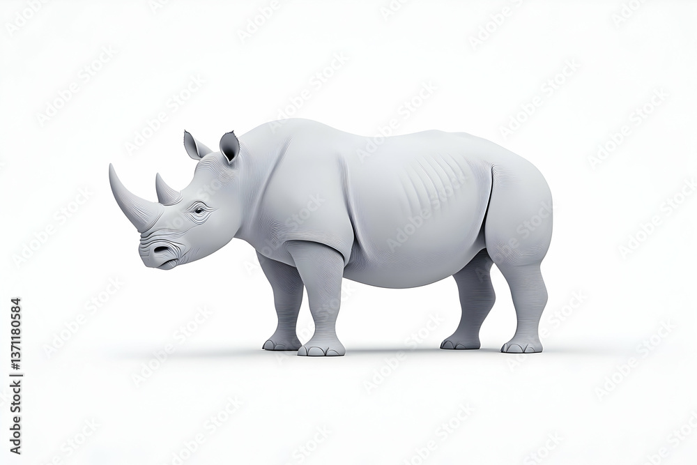 Fototapeta premium White rhino 3D model, side view, isolated on white