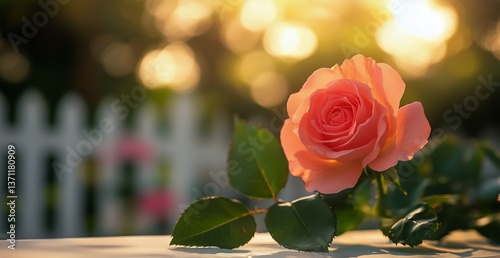Pink Rose Illuminated by Sunset in Garden Setting During a Warm Evening