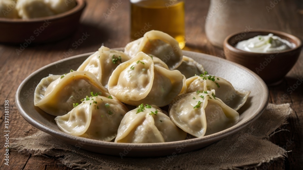 polish cusine pierogi. Dumpling on table. Generative Image polish cusine pierogi. Dumpling on table. Generative Image