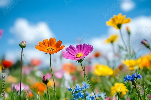 Brightly colored flowers in a field under a clear sky, showcasing the vibrant hues and natural beauty of wild blooms