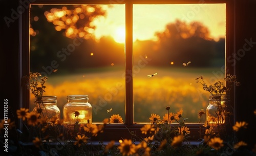 Bright Sunset Filtering Through a Window With Flowers and Glowing Fireflies a...