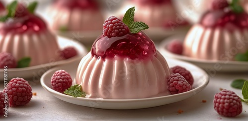 Delicious Raspberry Jelly Dessert Garnished With Fresh Mint on a White Plate