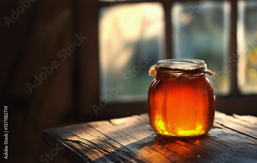 Fresh Honey Jar on Wooden Table Illuminated by Soft Sunlight in a Rustic Setting