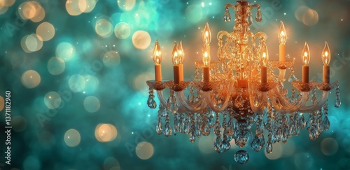 Elegant Chandelier Shines Brightly Against a Vibrant Blue and Green Bokeh Bac...