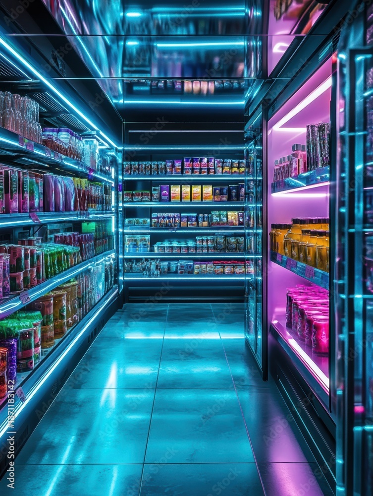 Futuristic grocery store with AI robots and neon glowing shelves offering a high-tech shopping experience Futuristic grocery store with AI robots and neon glowing shelves offering a high-tech shopping experience
