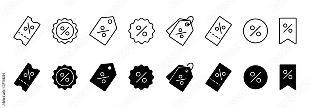 Discount promotion line icon set isolated on white background. Price discount tag vector icons in fill style. Promotion price tag flat icon collection. Editable stroke.