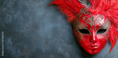 Vibrant Red Masquerade Mask Adorned With Feathers Displayed Against a Dark Te...