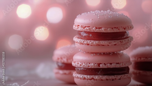 Delightful Pink Macarons Stacked Elegantly With Sparkling Sugar Decoration