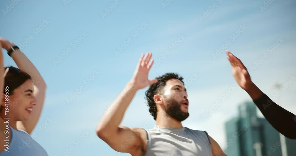 People, high five and celebration for exercise in city with cheers, support or excited in summer. Men, woman and stack hands with smile, team or workout for achievement, goal or applause for wellness People, high five and celebration for exercise in city with cheers, support or excited in summer. Men, woman and stack hands with smile, team or workout for achievement, goal or applause for wellness