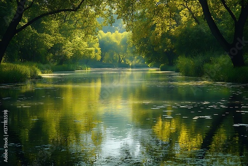 Calm river with reflections of the surrounding landscape, creating a peaceful and harmonious scene