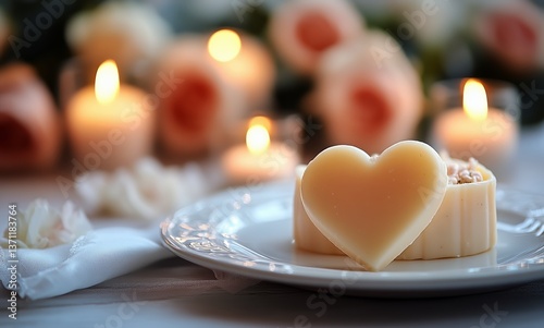 Romantic Dessert Setting Featuring Heart-Shaped Treat and Elegant Decor for S...