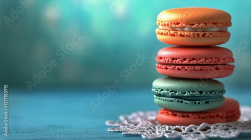 Colorful Macarons Stacked on Lace With Blurred Background Showcasing a Sweet ...