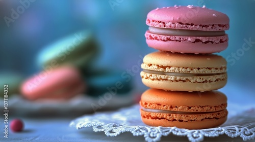 Colorful Macarons Stacked on Lace With Blurred Background Showcasing a Sweet ...