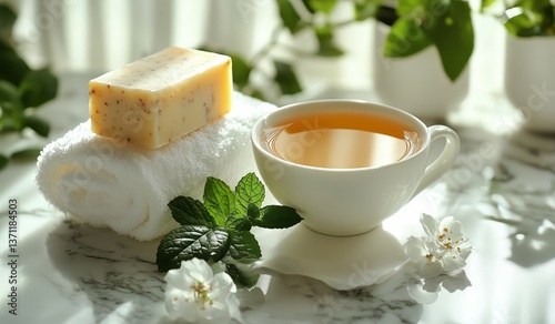 Relaxing Afternoon With Herbal Tea and Lavender Soap on a Marble Surface