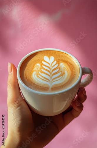 Beautiful Latte Art in a Cup Held Above a Pink Background With Decorative Leaves