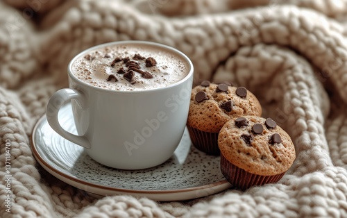 Delightful Chocolate Chip Muffins Served With a Warm Cup of Hot Cocoa on a Co...