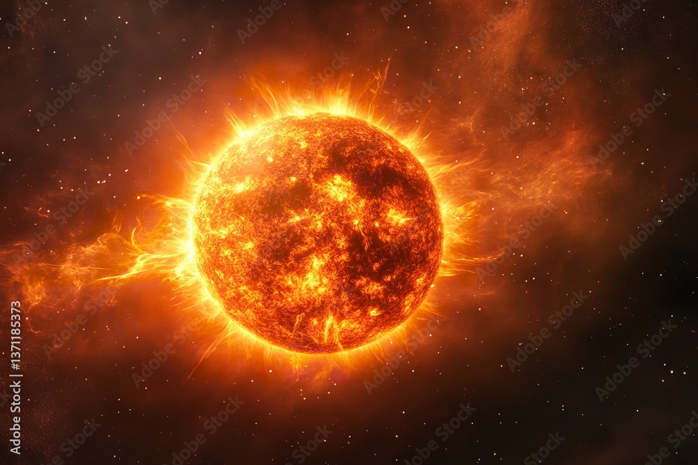 Fototapeta premium Sun with Flames Illuminating Outer Space