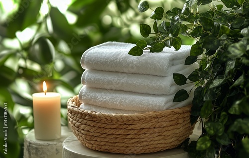 Relaxing Atmosphere With Rolled Towels, Candles, and Greenery in a Serene Ind...