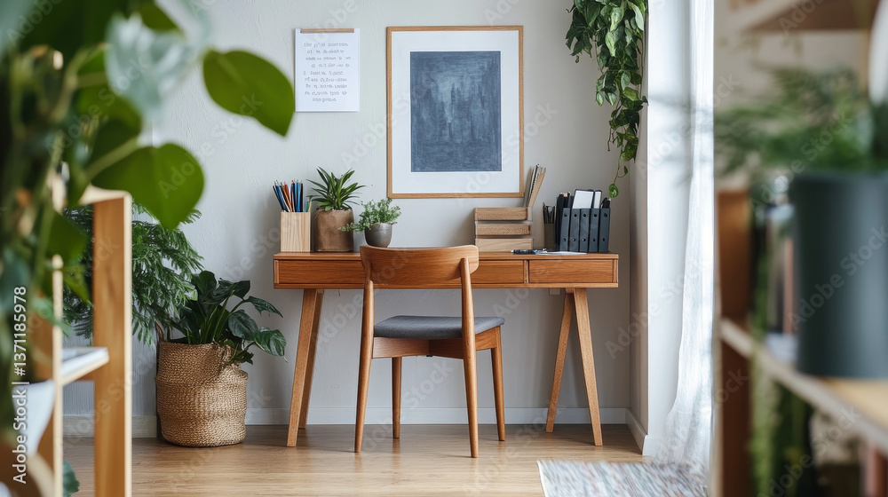 Modern and design home interior of open space with wooden desk, office supplies, mock up poster frame, a lot of plants, notes and elegant accessories. Stylish and minimalistic home decor. Template. Modern and design home interior of open space with wooden desk, office supplies, mock up poster frame, a lot of plants, notes and elegant accessories. Stylish and minimalistic home decor. Template.