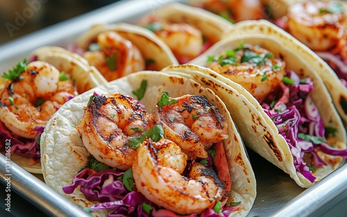 Grilled Shrimp Tacos With Red Cabbage and Cilantro Served in Soft Tortillas