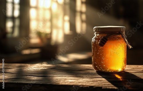 Fresh Honey Jar on Wooden Table Illuminated by Soft Sunlight in a Rustic Setting