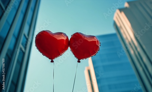 Red Heart Balloons Float Against a Clear Sky and Modern City Buildings During...