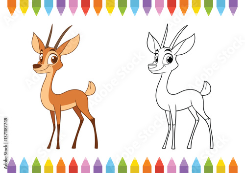 A cartoon gazelle, half colored and half as a line drawing for coloring, stands against a white background framed by crayons.