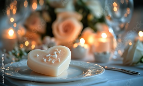 Romantic Dessert Setting Featuring Heart-Shaped Treat and Elegant Decor for S...