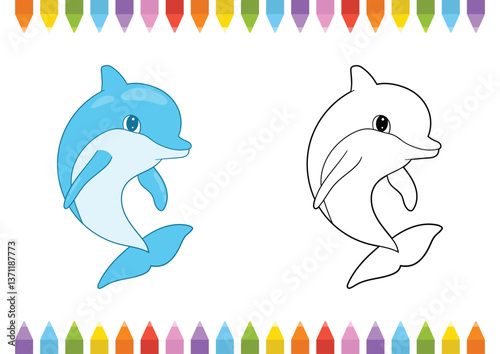 Playful dolphin illustration for coloring activity, showcasing both colored and outline versions with crayons border, promoting creativity.