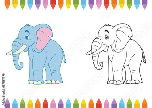 A delightful illustration showcasing a blue elephant next to an uncolored elephant perfect for a coloring activity with vibrant crayons above.